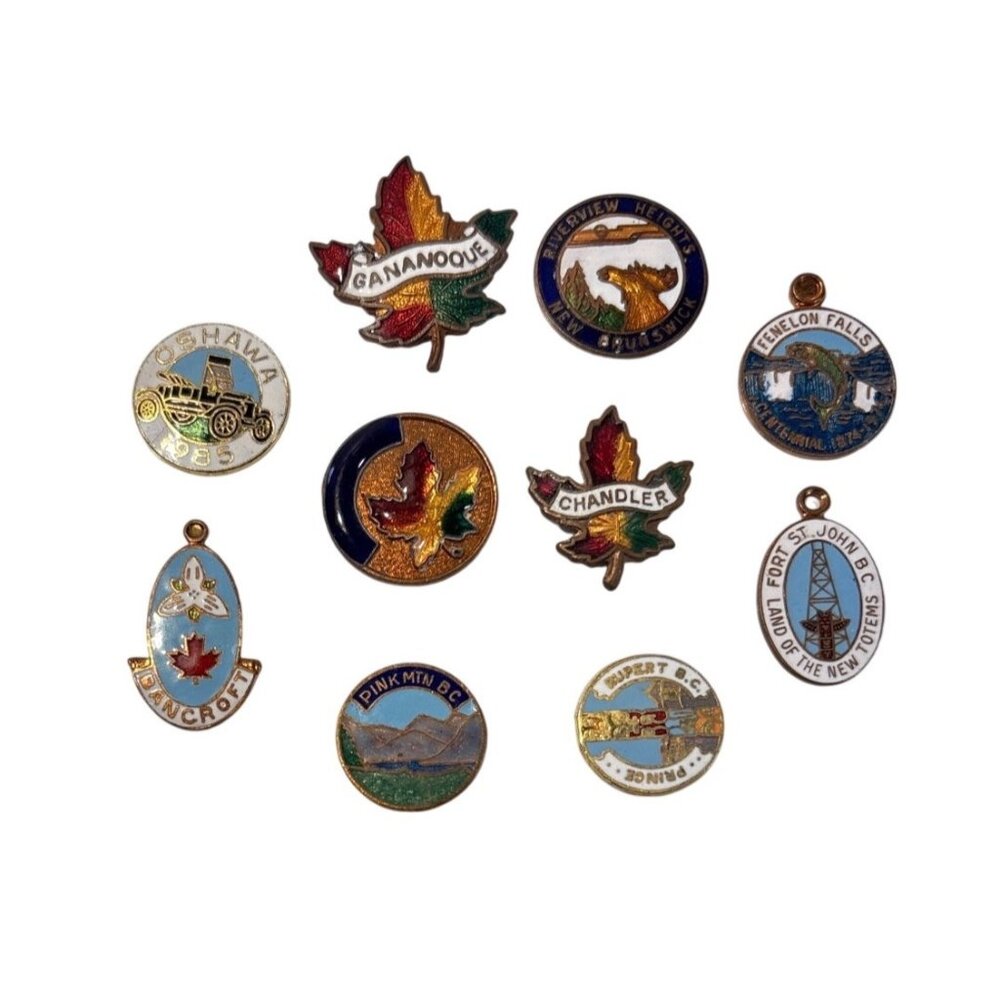Vintage Canadian Souvenir Enamel Lapel Pins Token Collection Cities Lot of 10